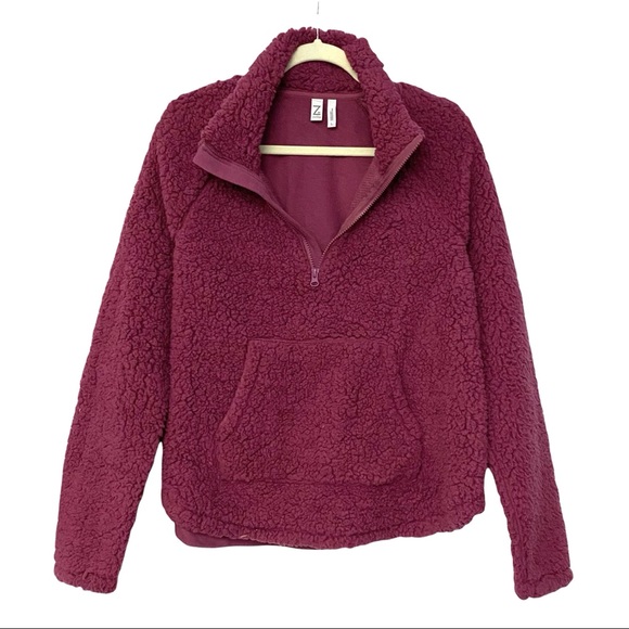 NEW Z By Zella Nordstrom Free Style Faux Shearling Pullover Sweatshirt Burgundy - Picture 3 of 11